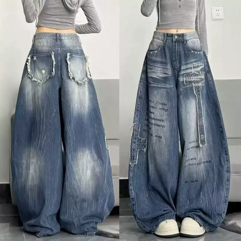 American Y2K Utility Curved Leg Jeans Women's Retro Streetwear High Waisted Loose Relaxed Fit Wide Leg Dragging Denim Pants New