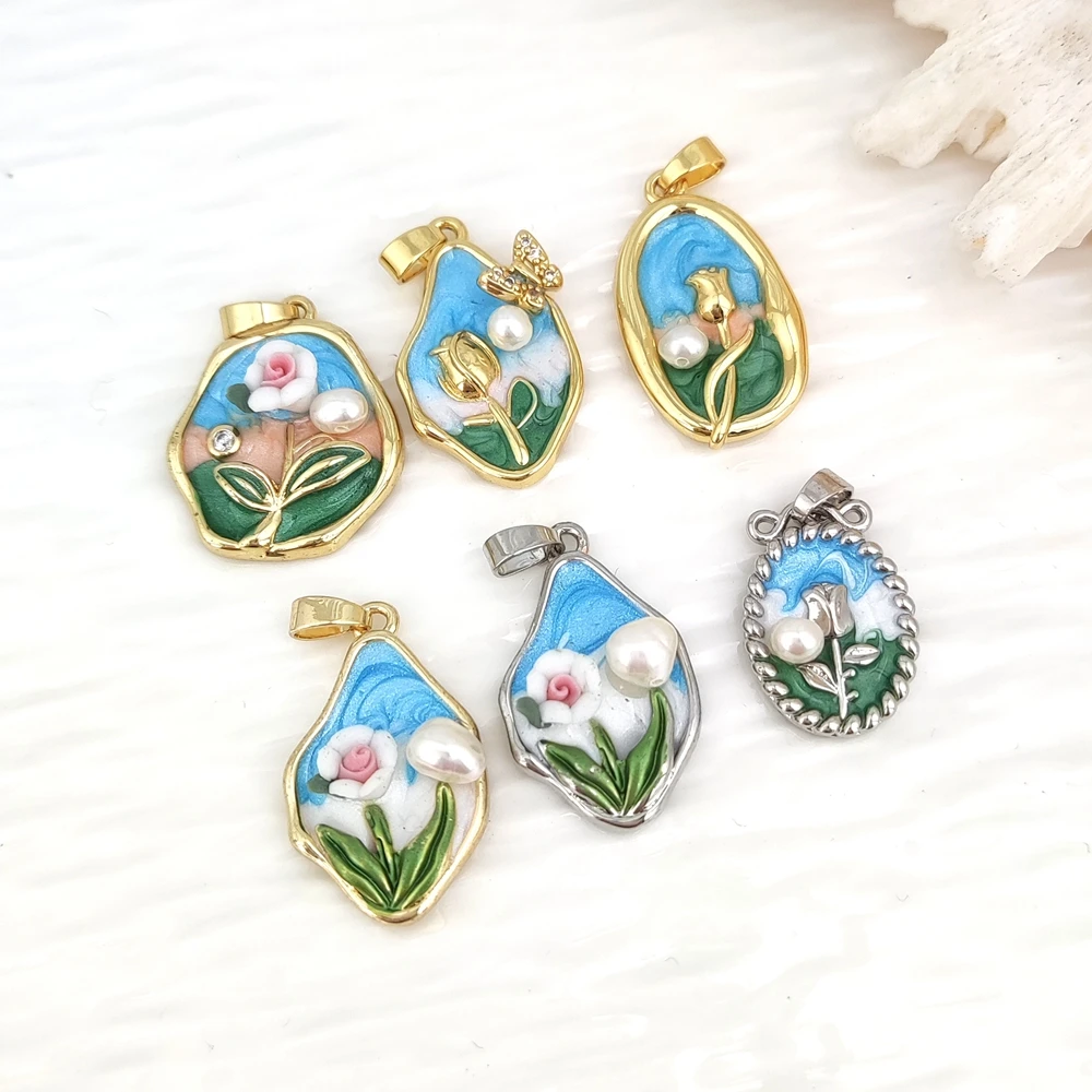 High Quality Monet Jardin Style Pendant Freshwater Pearl Copper Flower Butterfly Charms for Women Necklace DIY Jewelry