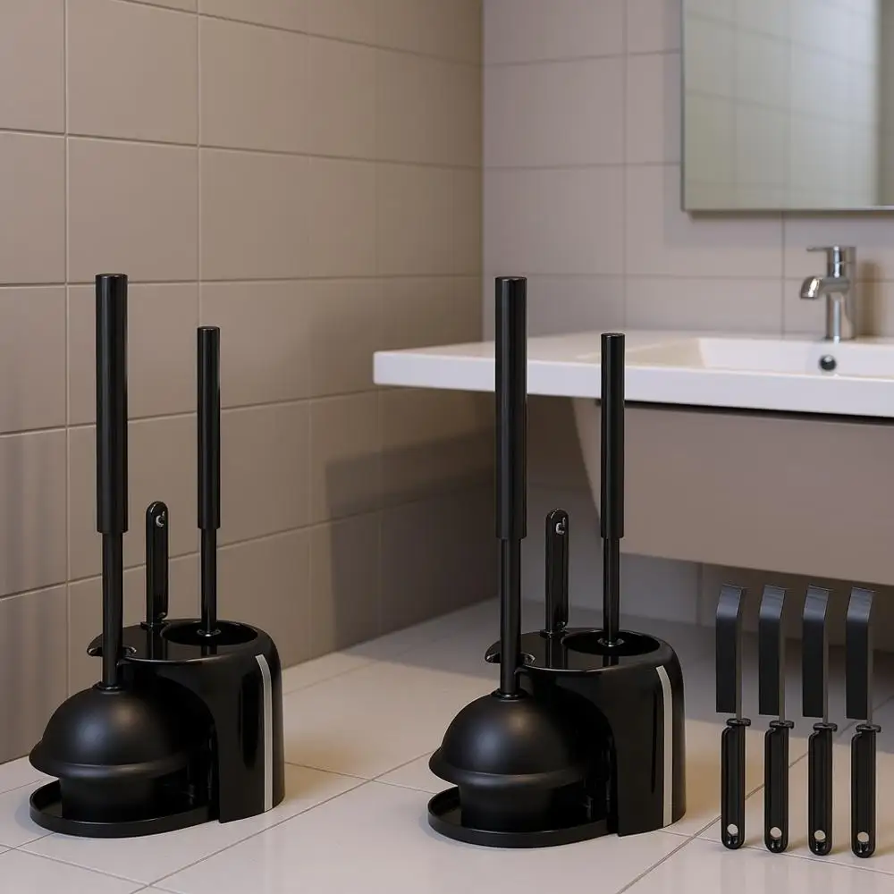 

3-in-1 Toilet Cleaning Set: Plunger, Brush with Long Handle & Crevice Tool, Black