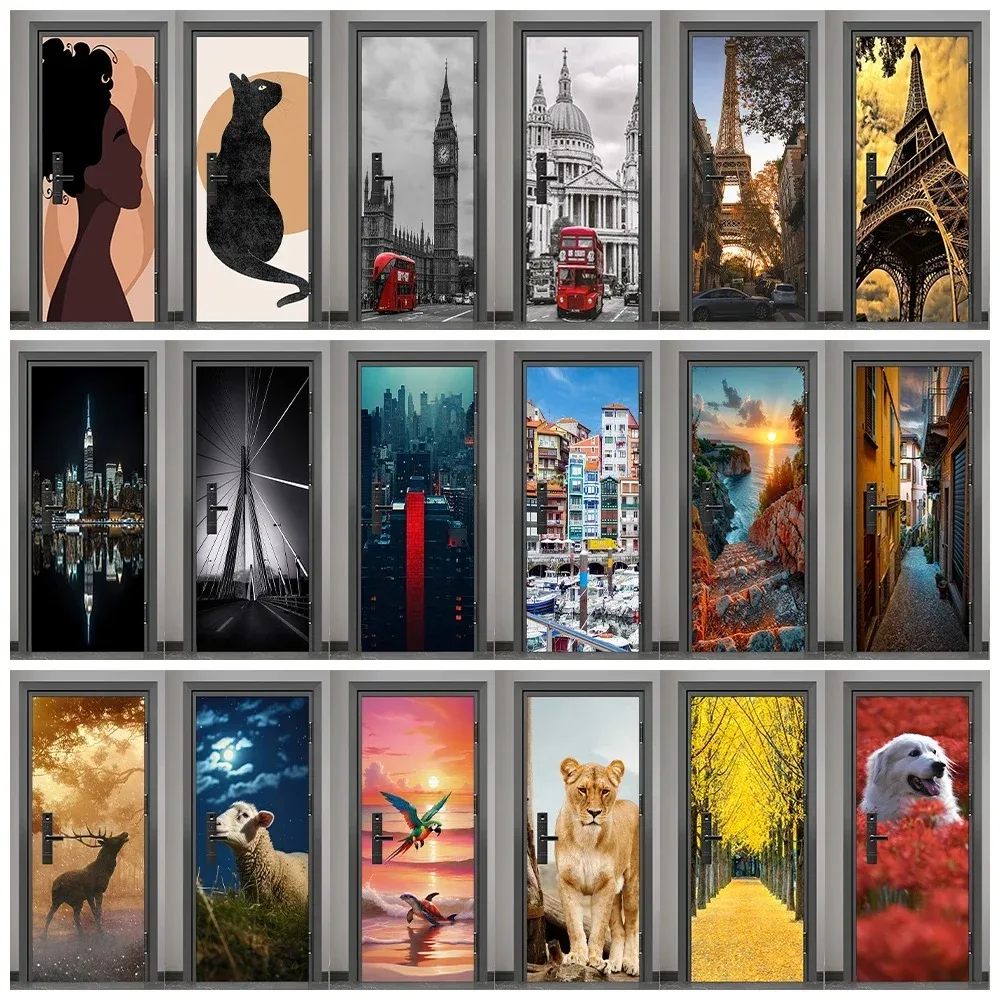 

3D World Famous Building Door Sticker Animal Lion Deer Landscape Scenery Removable Self Adhesive Wallpaper Home Decor