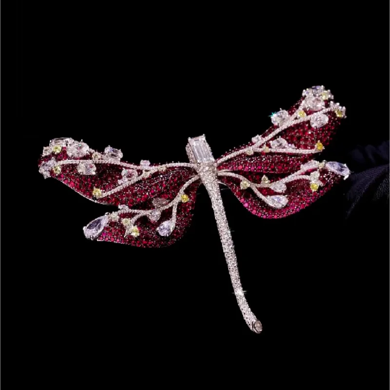 

Cameo 925 Silver Synthetic Zircon Brooch Red Ruby Full Diamond Dragonfly Luxury Set Versatile Brooch Vintage Part Fine Jewelry