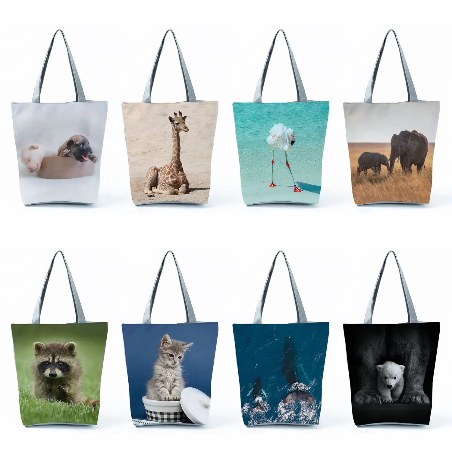 Cute Baby Animals Print Shopping Bags Foldable Totes Female Animal Dog Large Capacity Shoulder Bags Groceries Women Handbags