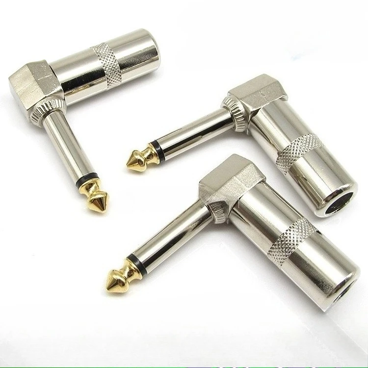 2pcs 90 Degree 6.35mm TS Mono Audio Plug, Solder-Type Microphone Connector, Gold-Plated Copper Core
