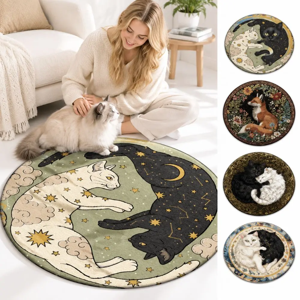 Moon Star Print Round Cat Rug Non-Slip Machine Washable Cat Shaped Carpet Abrasion-resistant Soft Surface Bathroom Floor Mat