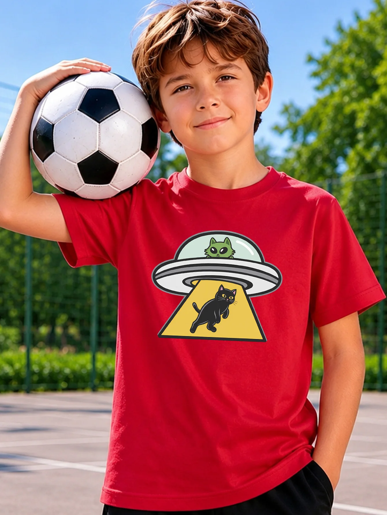 Cute UFO Alien Cat Cartoon Graphic Print Boys Girls Family Matching Cotton Short Sleeve Crew Neck Soft Summer Kids Casual Tees