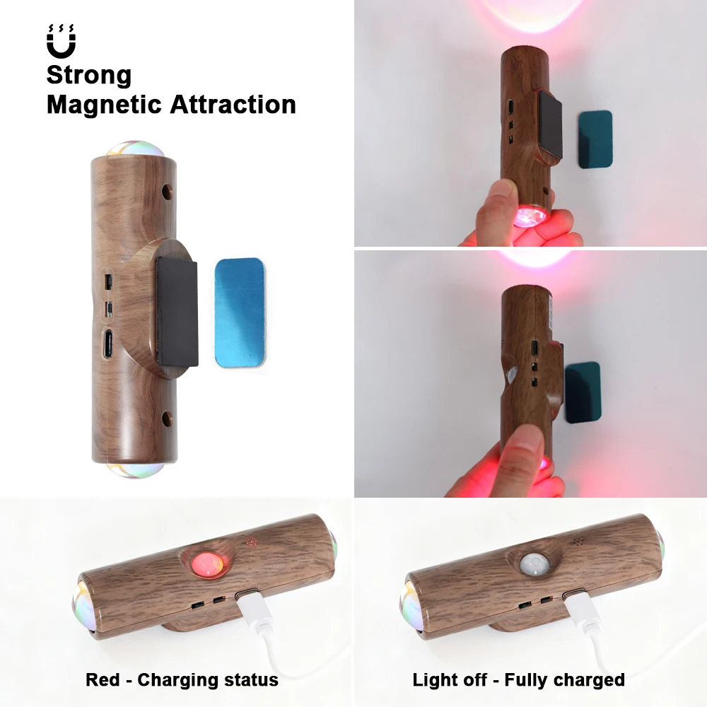 Dimmable Rechargeable Wood Grain Motion Sensor Light Wireless RGB LED Night Light Bedside Lamp Cabinet Wardrobe Night Lamp