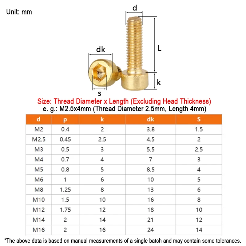 Brass Socket Cap Head Screw M2.5 M3 M4 M5 M6 M8 M10 M12 Allen Bolts Hex Drive Length 4mm - 60m 1/2/5/10/20/25/50pcs