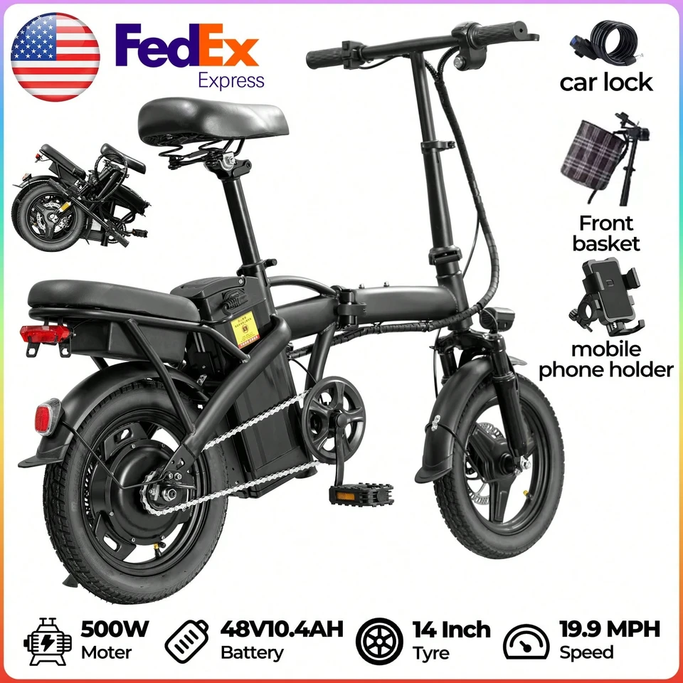 G11 Folding Electric Bike 500W Motor 48V 10.4Ah Battery 14-inch Foldable E-bike 23MPH Dual Seat Dual Disc Brakes City Commuter Electric Bicycle with Basket Phone Holder image 2