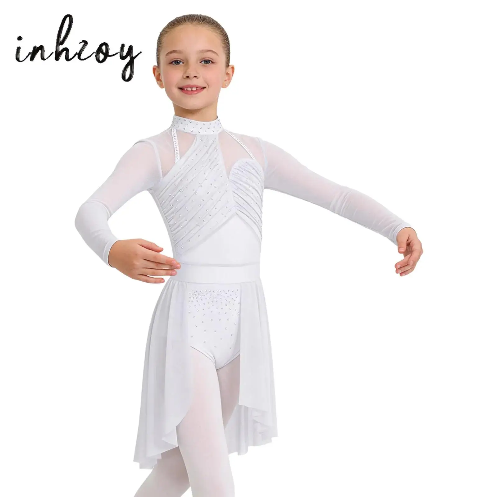 

Children Girls Modern Lyrical Dance Leotard Dress Figure Skating Gymnastics Acrobatics Costume Shiny Rhinestones Mesh Dancewear