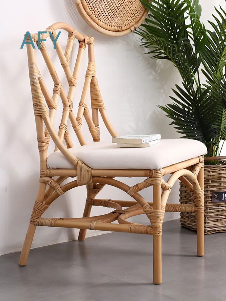 Wicker Chair for Outdoor Patio Balcony Garden Indoor Use Handwoven Natural Rattan Lounge Armchair with Backrest Retro Boho