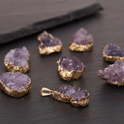 1pc BOHO Natural Amethyst Cluster Irregular Pendant Golden Edged Free Wax String Chain Reiki Gemstone Jewelry