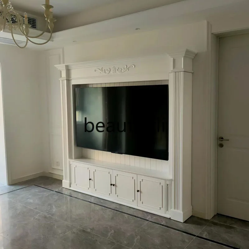 

American solid wood living room TV cabinet European carved background wall storage mantel