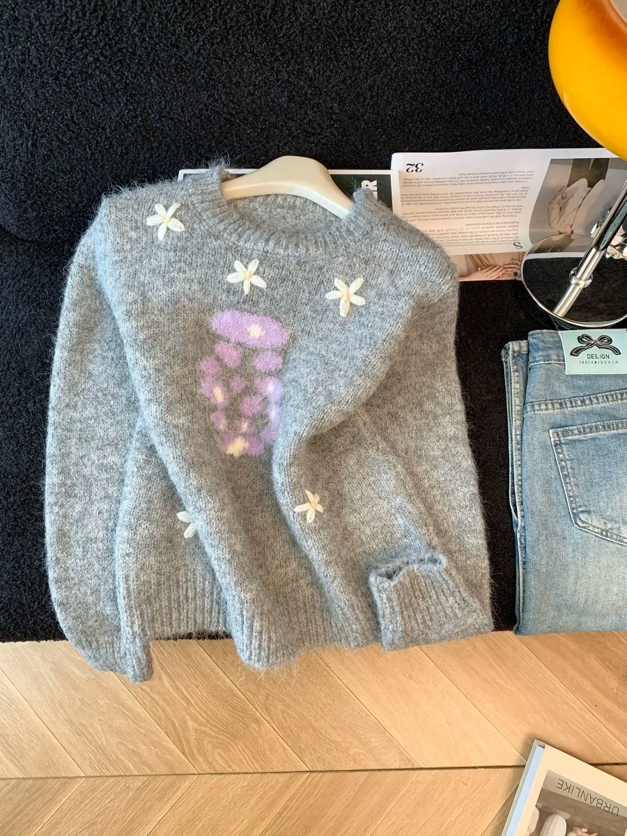 Ręcznie Haftowany Sweter Oversize z Kolorowymi Blokami, Gruby, Dzianinowy dla Kobiet, Jesień Zima, Nowa Koreańska Luźna Odzież Dzianinowa