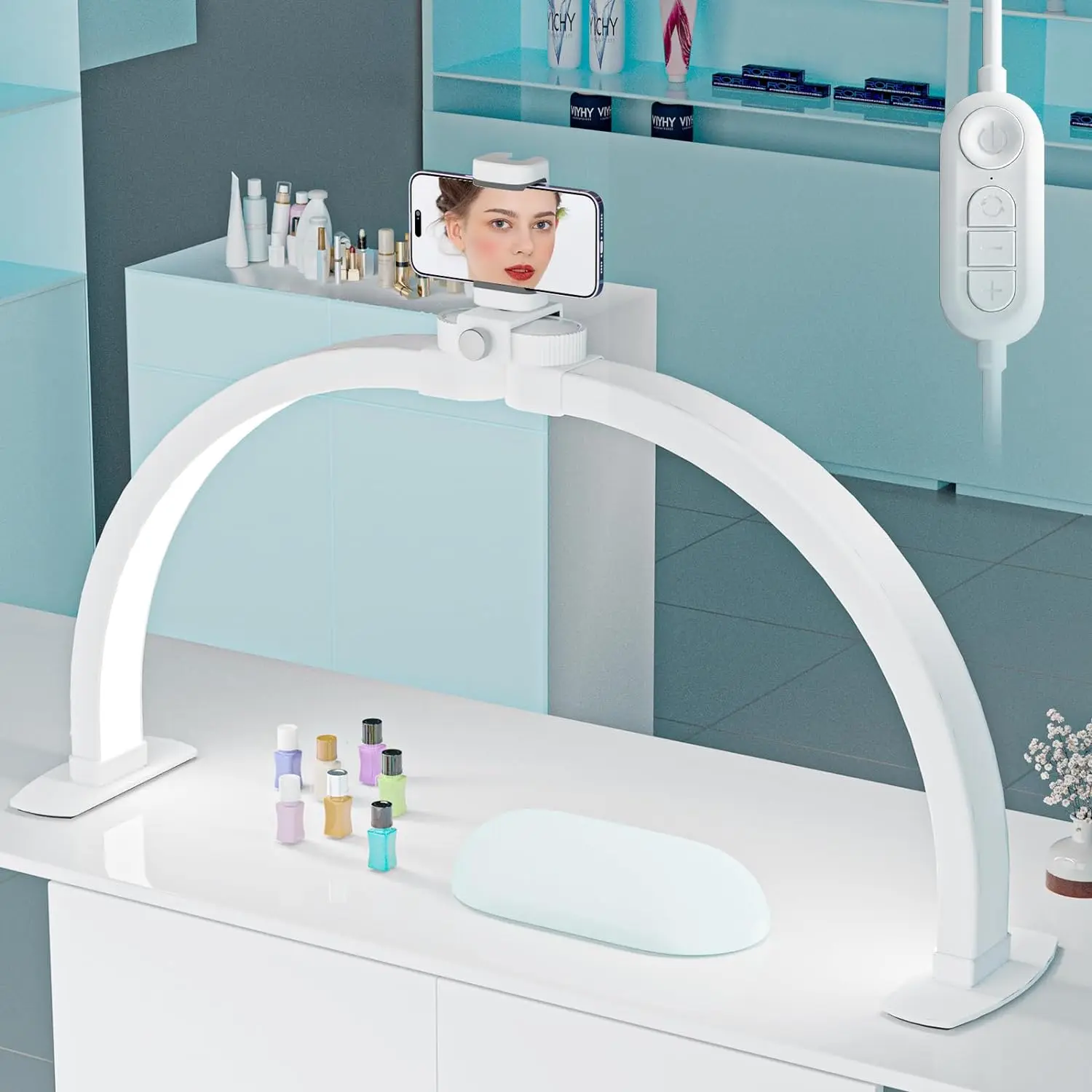 Lumière LED demi-lune pour Nail Tech, grand arc pliable de 23/29 pouces pour lampe de bureau à ongles avec support de téléphone pour Salon de manucure