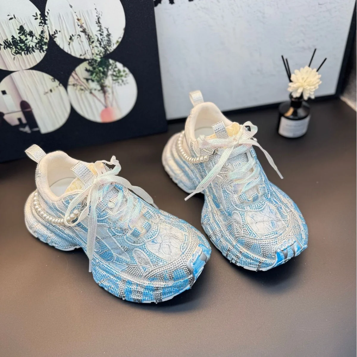 

Paris Summer New Thick Bottom Casual Rhinestone Strap Dad Shoes Versatile Sports Shoes High Aesthetic Value Lace Mesh Women's...