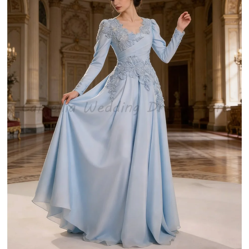 Hellblaues Chiffon-Abendkleid mit V-Ausschnitt, Puffärmeln, 3D-Blumenapplikationen, A-Linie, formelles Hochzeitsgast- und Ballkleid