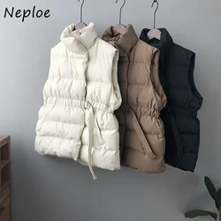 Neploe Feminina Winterjas Dames Stand Hals Effen Kleur Mouwloos Vest Parka Zakken Trekkoord Slanke Taille Pufferjack