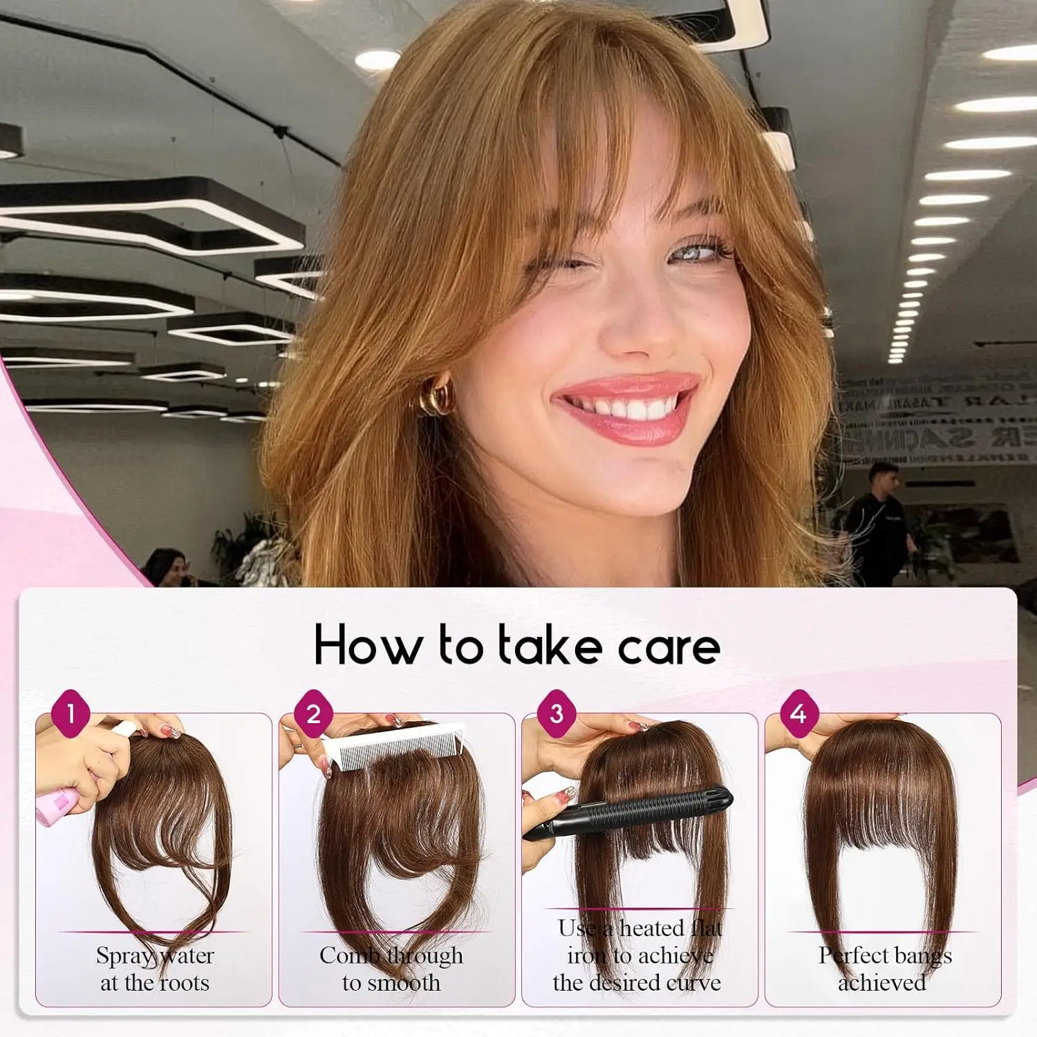 Frangia a clip per donna Frangia francese per capelli umani al 100% castano miele con clip antiscivolo Frangia ad aria nell'estensione dei capelli da indossare ogni giorno