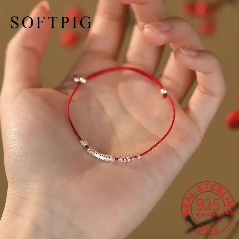

SOFTPIG Real 925 Sterling Silver Bead Red Rope Charm Bracelet for Trendy Women Fine Jewelry Minimalist Geometric Accessories