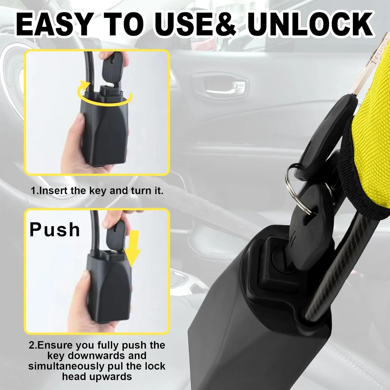 Steering wheel lock orange wrapped around car steering wheel showing secure fit