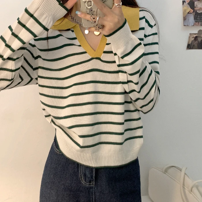 Women Long Sleeve striped all-match Sweater Female Elegant Spring Autumn Casual Tops Korean Style thin Knitted Chic pullovers