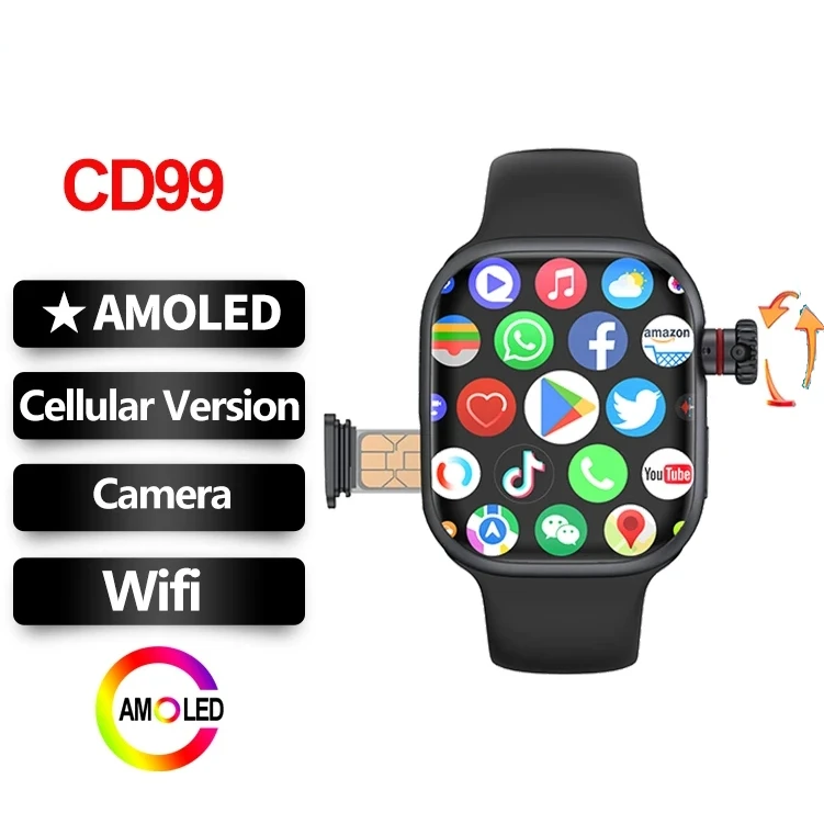 CD99 Smart Watch Cellular Card 2.26" Screen 2GB RAM AMOLED Wifi GPS 32GB ROM Message Reminding 5G Phone Watch Free Download Apps