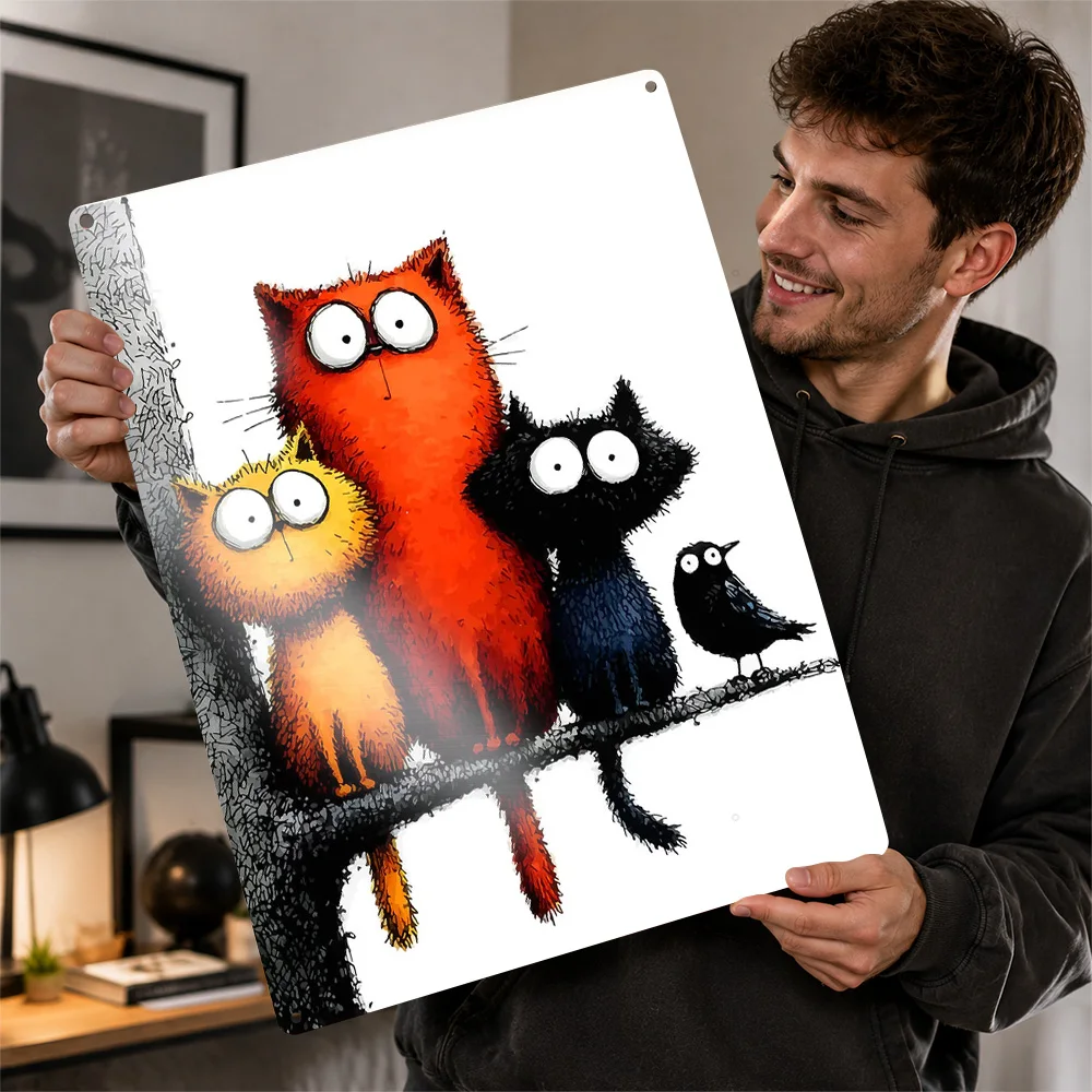 Three Cats With Bird On Branch Printed Poster Whimsical Wall Art For Living Room Personalized Aluminum Metal Sign Pet Lover Gift
