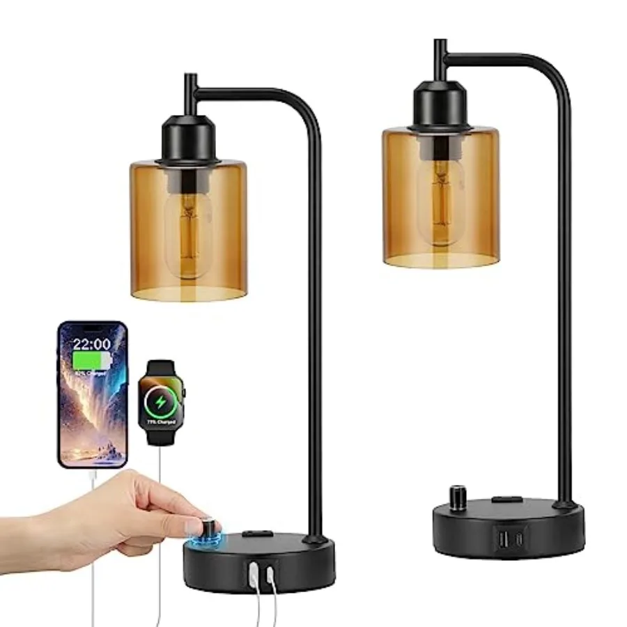 

Industrial Bedside Lamps for Nightstand Set of 2 - Fully Dimmable Bedroom Lamps with USB A C Ports and Outlet Black Table Lamps