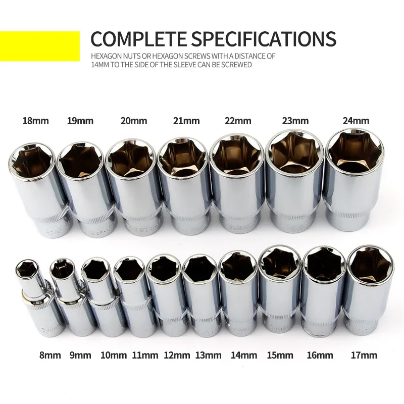 1Pcs 3/8”Drive 6-Point Deep socket head 10mm Hole Hex Extension Sleeve Head 8/9/10/11/12/13/14/15/16/17/18/19/20/21/22/23/24mm