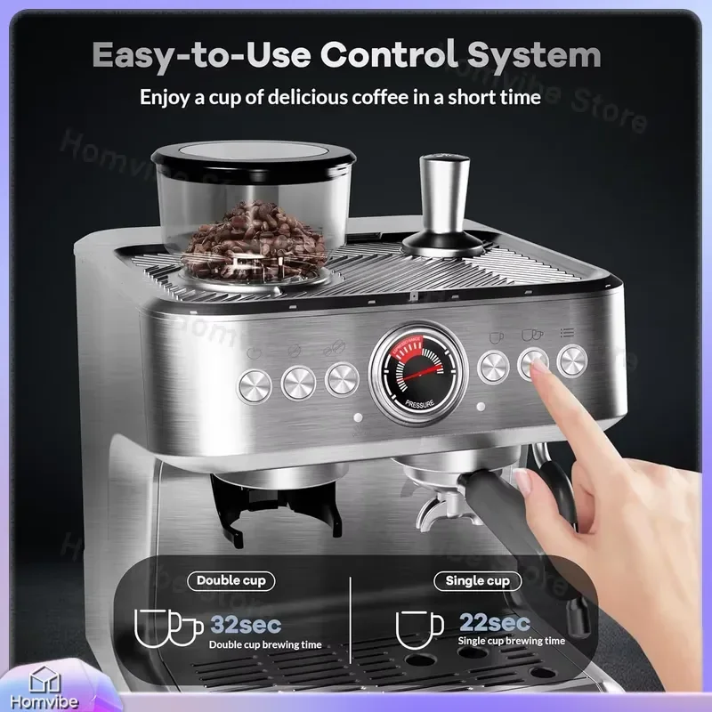 

20 Bar Espresso Machine with Built-in Grinder Semi-Automatic Coffee Maker PID Temperature Control Milk Frother Steam Wand