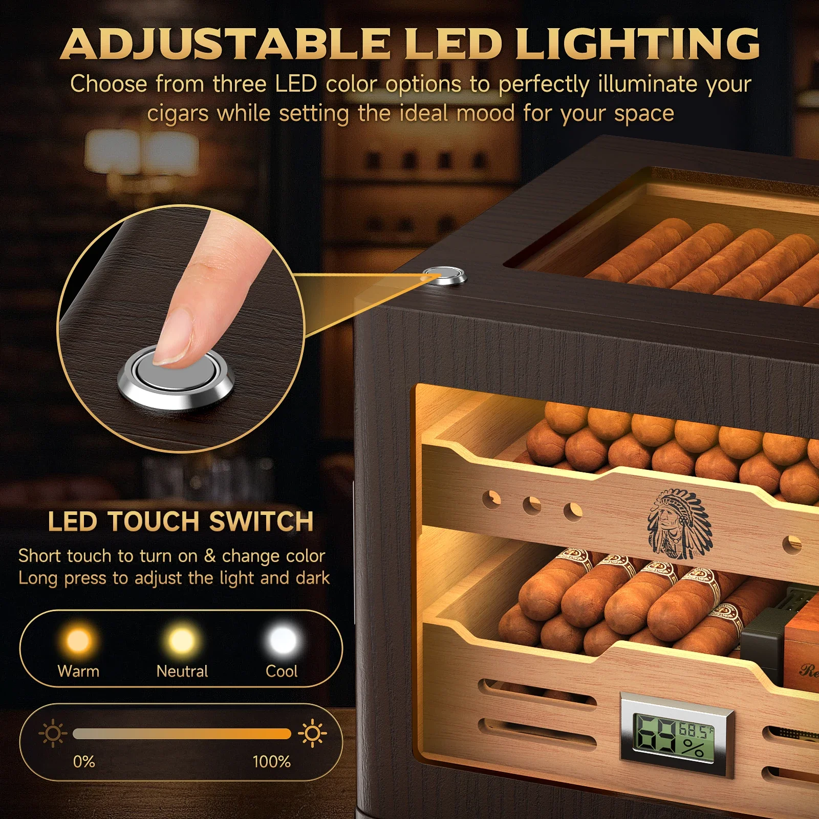 Cigar Humidor Cabinet,LED Lighting,Digital Hygrometer,2 Humidifiers,Cigar Tube,Desktop,Cedar Wood,with Drawer up to 100 Cigars