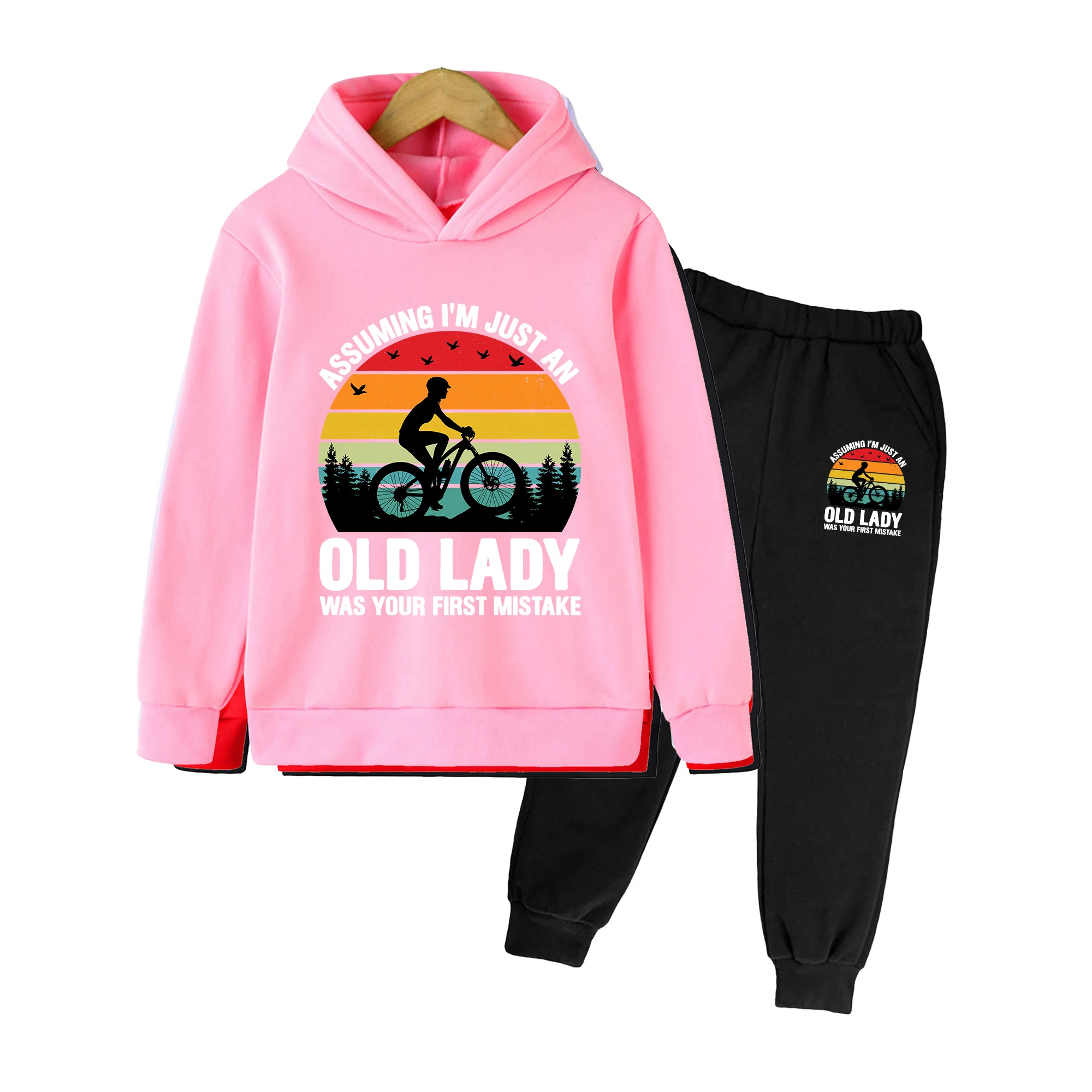 Kids Mountain Bike Print Hoodie & Sweatpants Set, Retro Outdoor Sports Tracksuit for Boys Girls