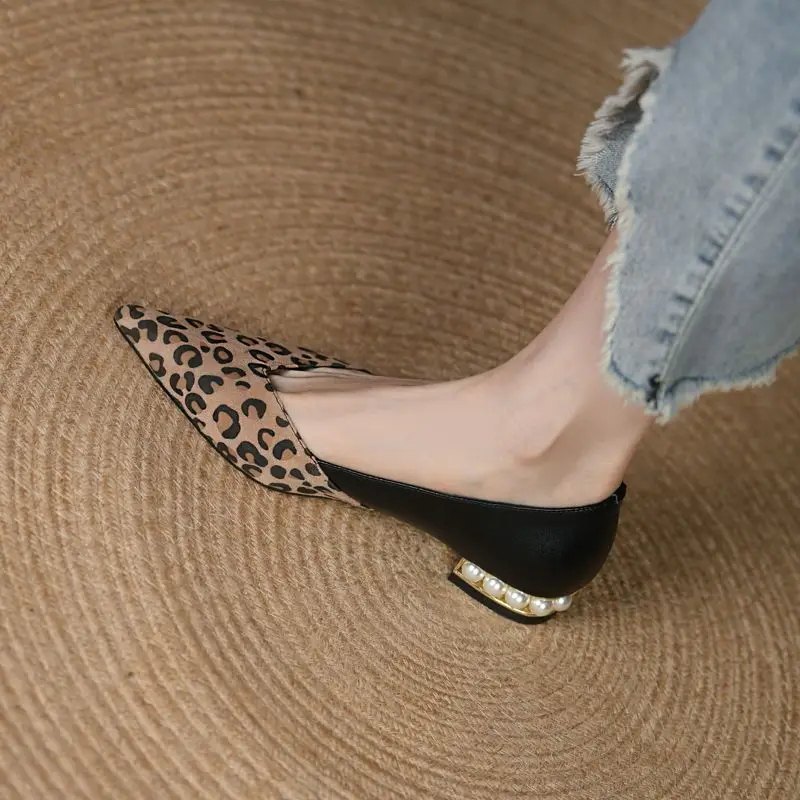 2024 New Fashion Low Heel Pumps Flats Pointed Toe Cow Leather Women\'s Shoes Patchwork Leopord Casual Dress