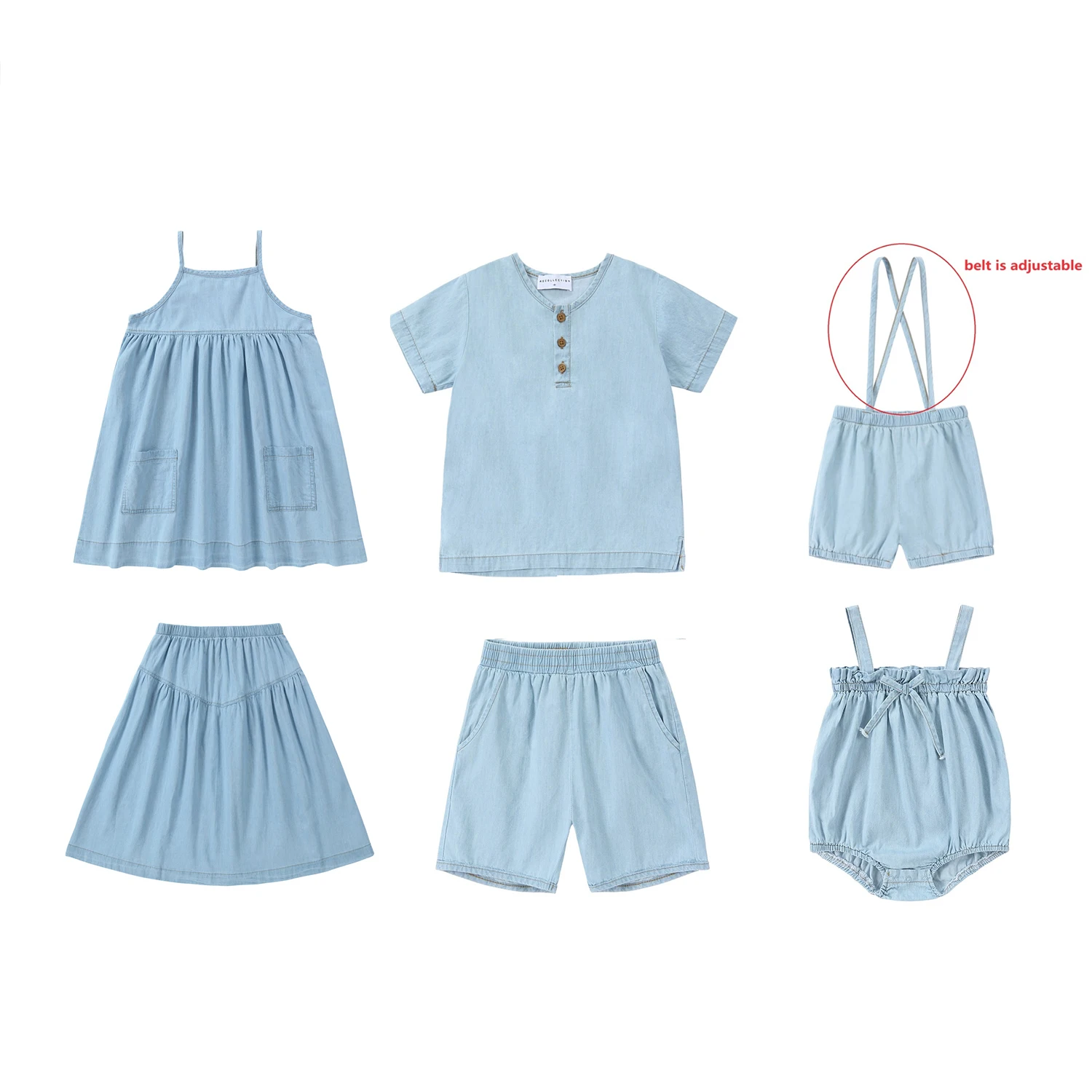 AS Denim Collection Girls Strap Dress Cute Baby Romper Brief Boys Casual Clothing Set White Rib Tee