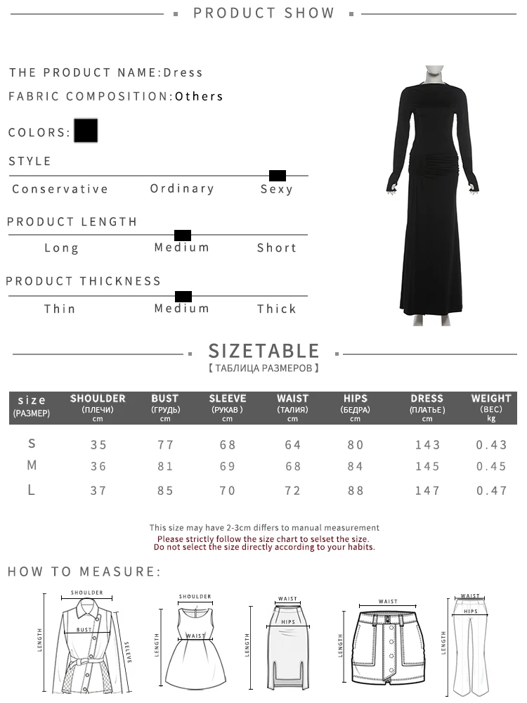 Weird Puss Elegantes Kleid mit Raffungen für Damen, Herbst-Trend, O-Ausschnitt, lange Ärmel, tailliert, figurbetont, Stretch, lässiger Alltagsstil, langes Bodycon-Kleid – Detail 1