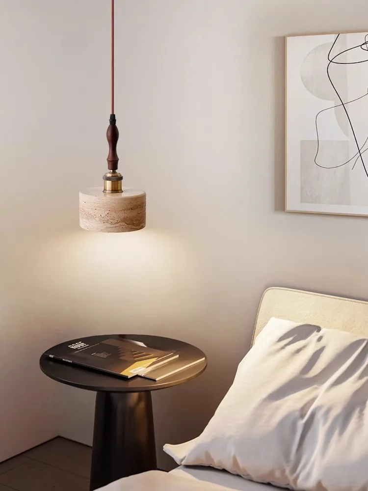 Led Pendant Lamp Nordic Bedroom Bedside Chandelier Walnut French Medieval Style Retro Small Hanging Light E27 Bulb Natural Stone