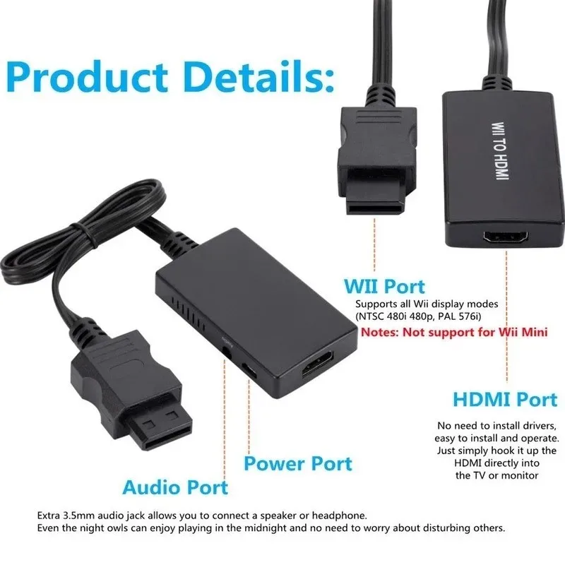 Grwibeou wii zu hdmi-kompatibler Konverter wii zu hdmi-kompatibler Adapter mit 3,5-mm-Audiobuchse unterstützt Wii-Display für PC-HDTV