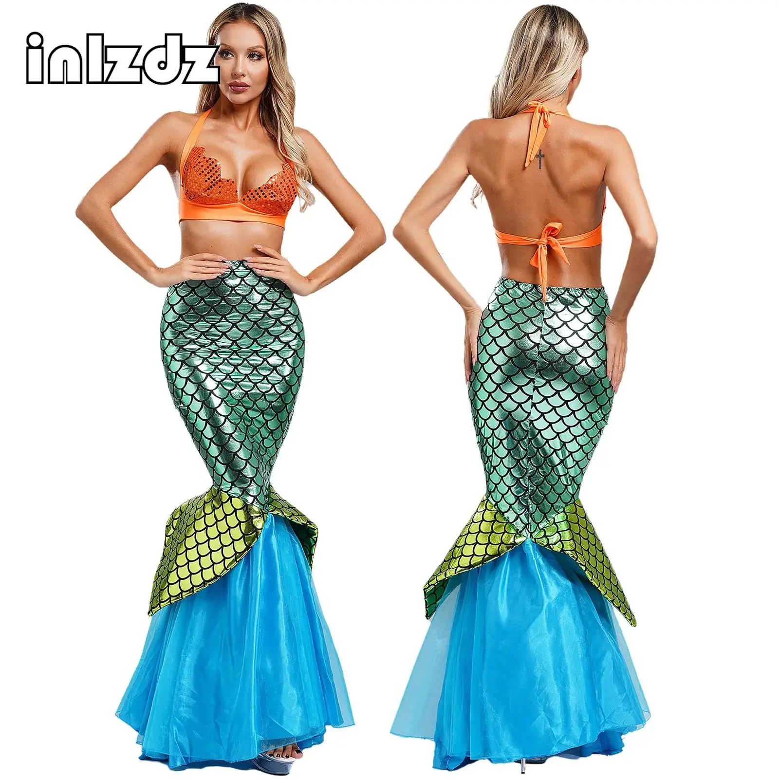 Robes Cosplay Princesse Sirène pour Adulte, Haut Soutien-Gorge Sexy en Forme de Feston, Jupe Queue de Poisson, Costumes d'Halloween, Tenues de ixde Carnaval