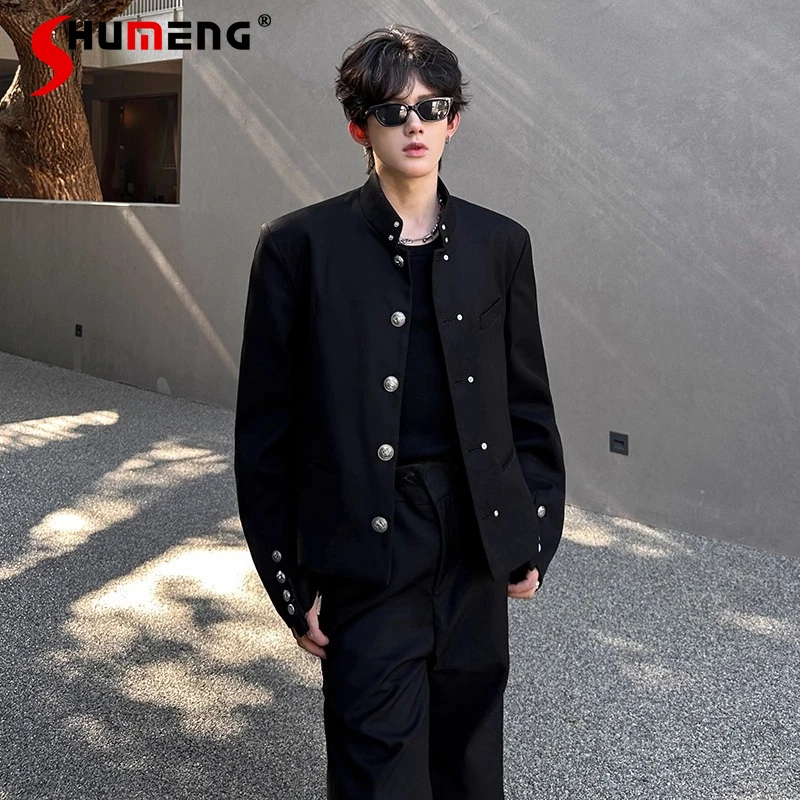 

Мужские осенние новые пиджаки 2024, подплечники, дизайн с несколькими металлическими пуговицами, модные пальто на заказ, мужские короткие пиджаки с воротником-стойкой