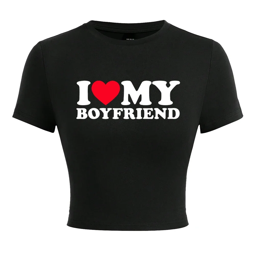 I Love My Boyfriend 레터 프린팅 티셔츠, 여성 패션 의류, 신축성 있는 편안한 짧은 티셔츠, 캐주얼 소프트 티셔츠