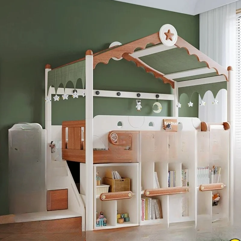 Solid wood half-height bed with slide multi-functional storage storage desk
