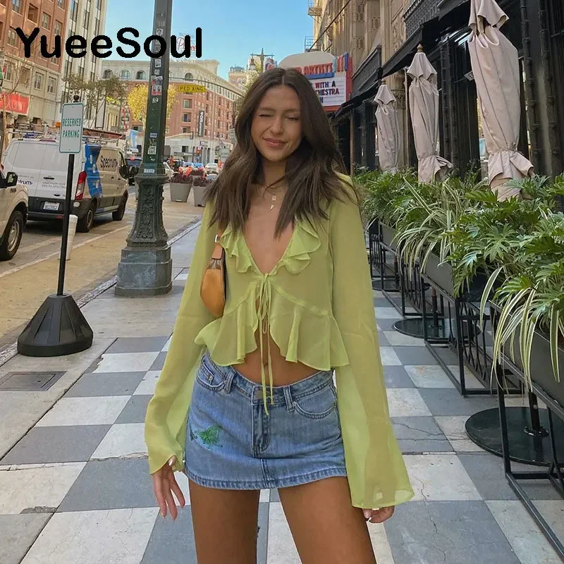 Y2K Vintage Women T-shirts Sexy Deep V Neck See-Through Long Sleeve Crop Tops 2023 New High Street Casual Slim Women Clothes
