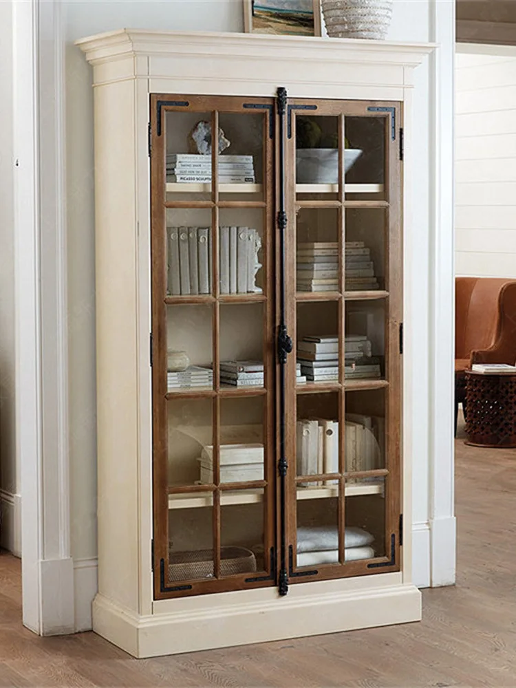 Solid wood floor-to-ceiling bookcase Glass door Dust-proof locker Integrated wine cabinet Bookcase against the wall
