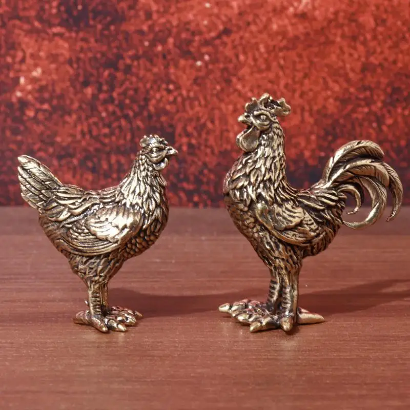 Miniature Bronze Rooster And Hen Figurines: Pure Brass Sculpted Figures Office Desks Tea Sets Pet Crafts