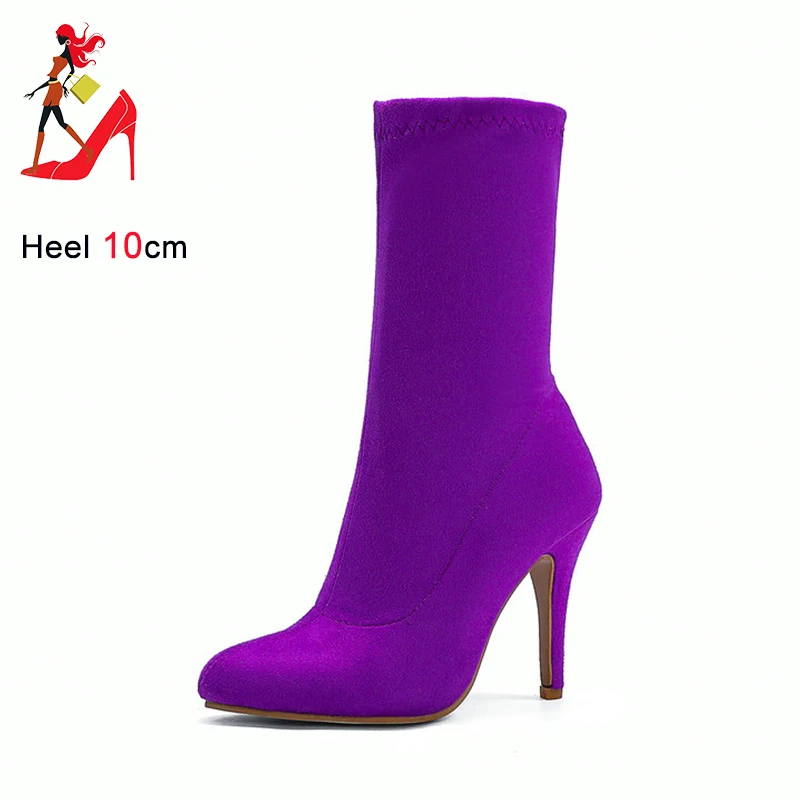 2023 Autumn Winter Sock Short Boots Lady Mid-Calf Thin High Heels Large Size 46 Fashion Women Shoes Elastic Flock Pointed Boots