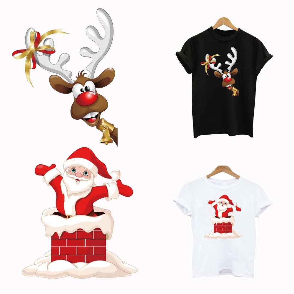 

2Pcs/Lot Christmas Santa Claus Deer Iron On Ironing Thermo-Adhesive Patches Heat Thermal Transfer T Shirt Stickers For Clothing