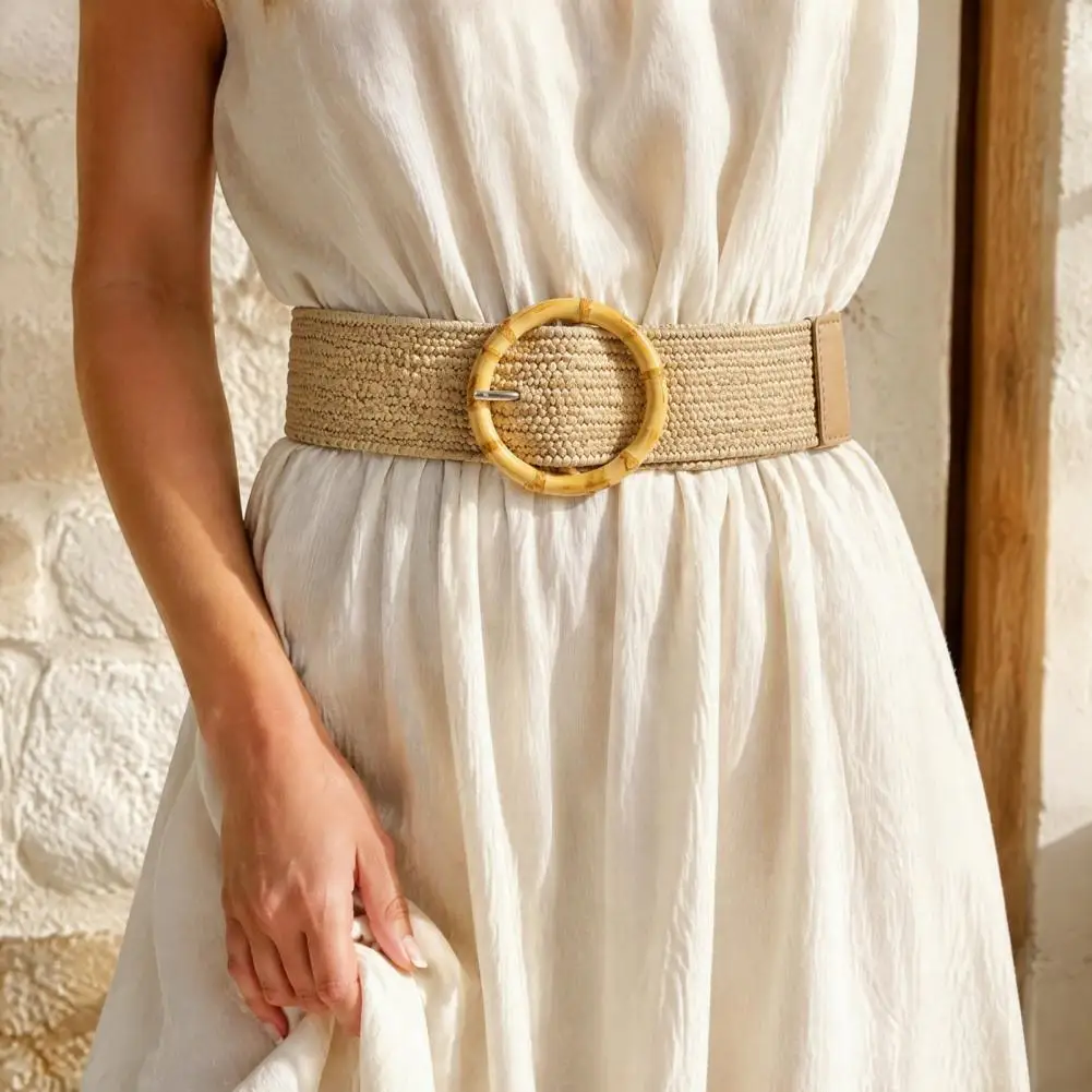 Straw Woven Belt with Buckle, Adjustable Elastic Boho Style Waist Belt, Decorative Braided Belt for Dresses Casual Outfits