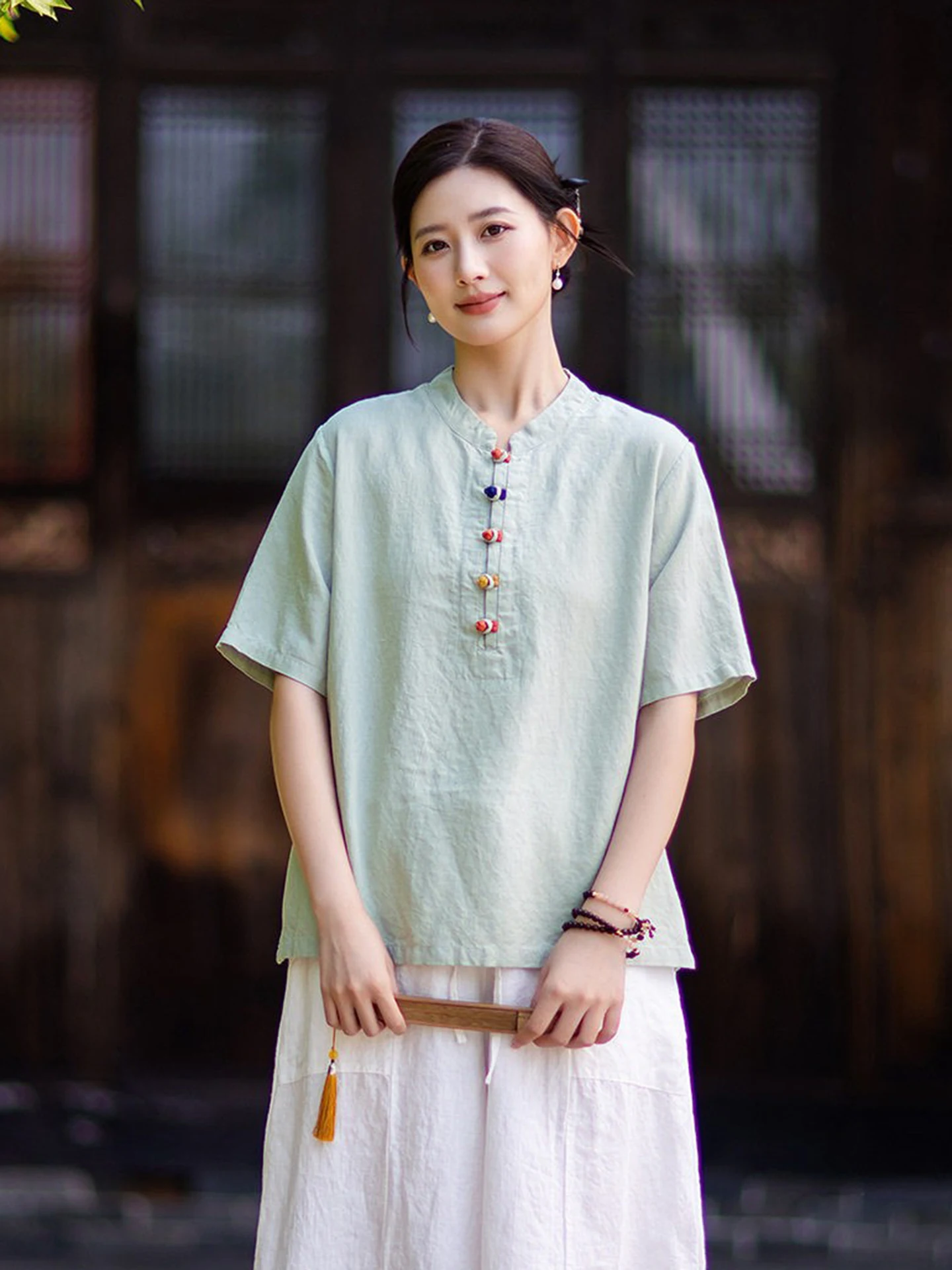 High-End New Chinese Style Women's Shirt Summer New Vintage National Style Short Sleeve Button-Up Top Tea Service T-Shirt
