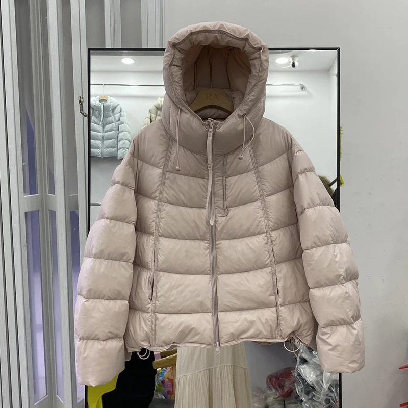 Winter Solid Spare Ribs Hooded Down Jacket Female Double Zipper Warm Fluffy Parker Jacket Women White Duck Down Quilted Outwears