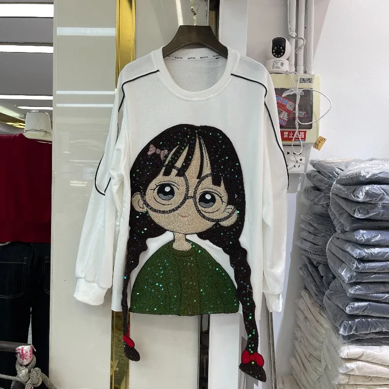 European Style Trendy Brand Patchwork Cartoon Girl O-Neck Long Sleeves Sweatshirt Loose Fit Oversized Top Women's Autumn Hoodies